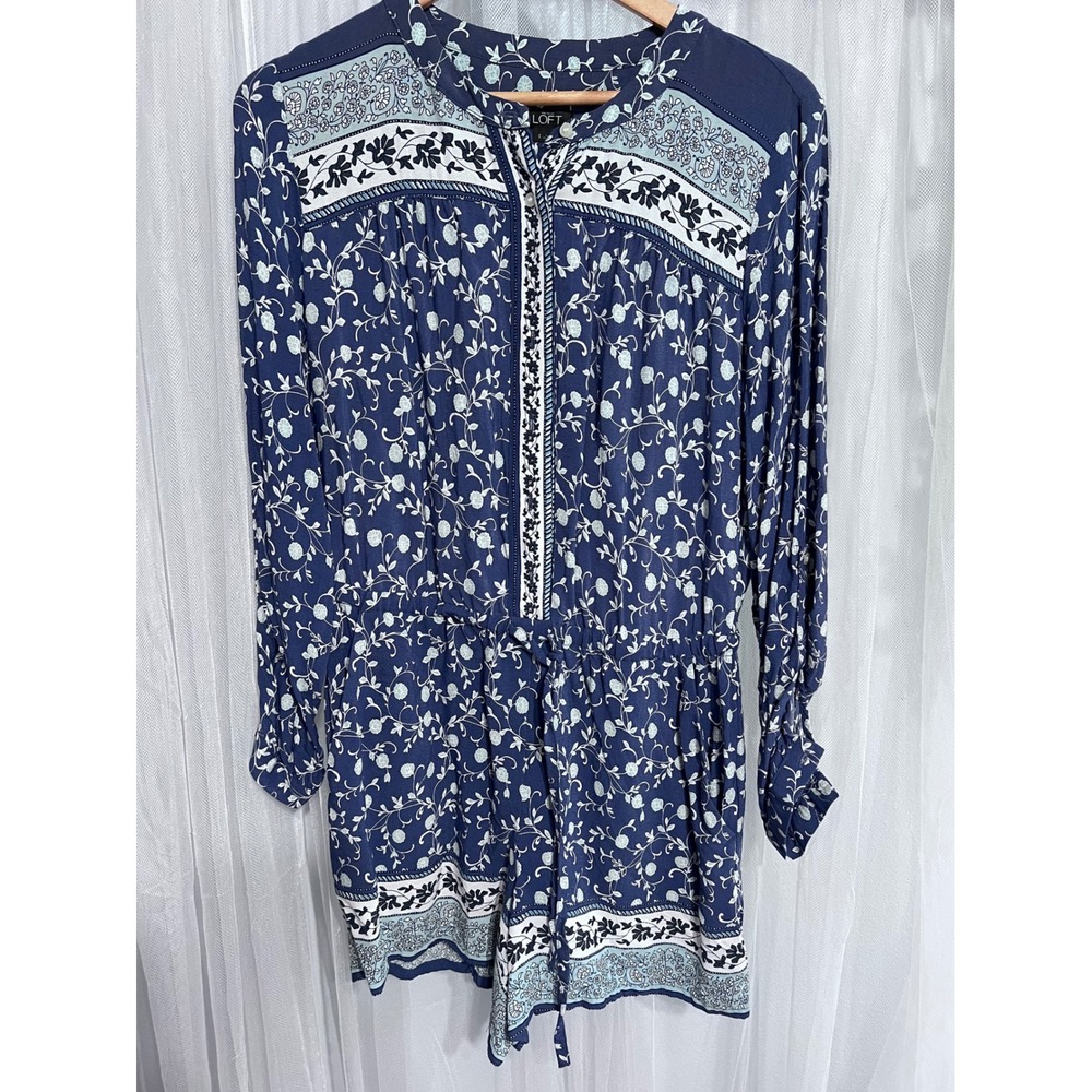 Ann Taylor LOFT Blue Floral Paisley Long Sleeve Romper Small Drawstring Waist